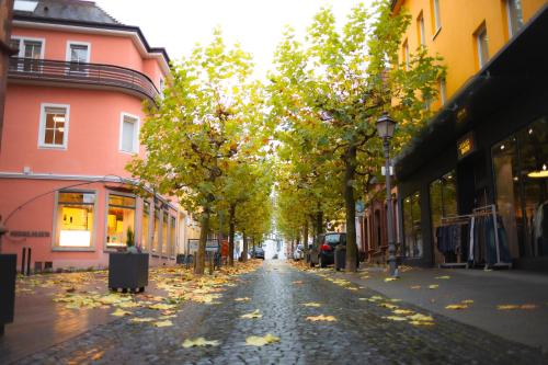a cobblestone street with trees on the side of a building at BEST STAY CityAppartment Hünfeld- SmartTV FreeWlan Balkon, in wenigen Minuten am Bahnhof, Innenstadt und doch ruhig gelegen - ideal für Paare oder Geschäftsreisen in Hünfeld