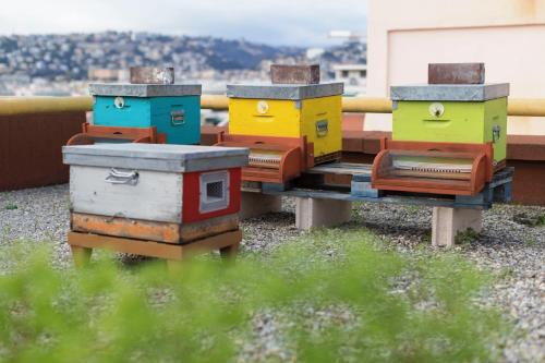 a group of colorful beehives sitting on a bench at Best Western Plus Hôtel Massena Nice in Nice