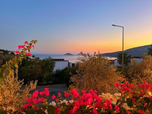 a view of the sunset from a garden with flowers at The Bay View Boutique Hotel Kalkan in Kas