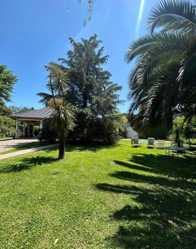 a park with a bench and a palm tree at Hermosa quinta para 8 personas in Moreno