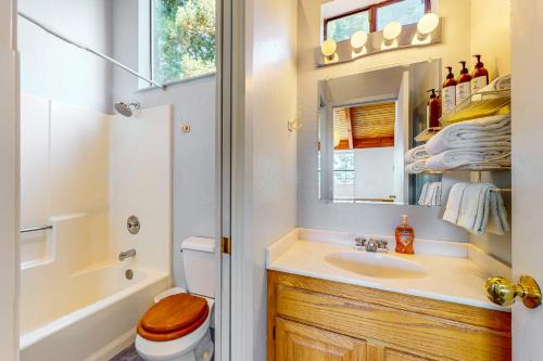 une salle de bain avec un lavabo, des toilettes et un miroir dans l'établissement The Bobcat House, à Sea Ranch