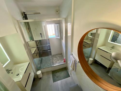 une salle de bain avec un miroir et un lavabo dans l'établissement Villa Jardin piscine proche Centre-ville 10 mn des plages, à Montpellier