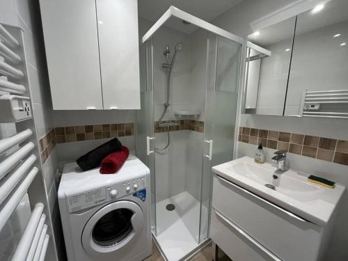 une petite salle de bains avec un lave-linge et un lavabo dans l'établissement F2 cozy vue mer, piscine, parking, tout à pied !, à Antibes