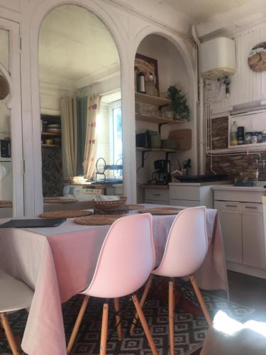 une cuisine avec une table et des chaises roses dans l'établissement Hyper centre dans ancien palace face aux thermes, à Mont-Dore