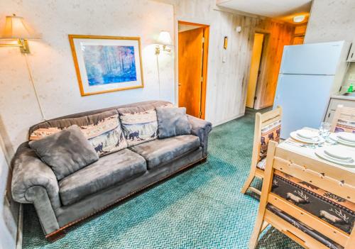 a living room with a couch and a table at Smoketree Lodge in Banner Elk