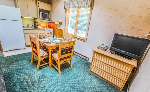 a kitchen with a table with chairs and a refrigerator at Smoketree Lodge in Banner Elk