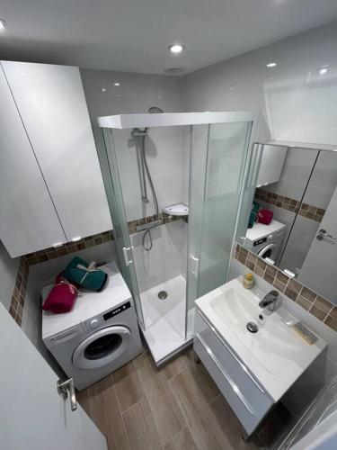 une salle de bain avec une douche, des toilettes et un lavabo dans l'établissement F2 climatisé, piscine, parking, tout à pied, à Antibes