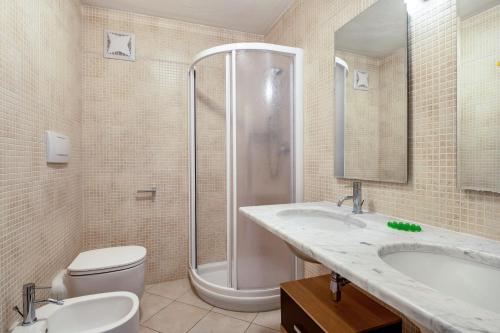 a bathroom with a shower and a sink and a toilet at Apartment Sassolungo in Campitello di Fassa