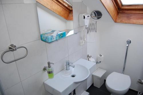 ein Badezimmer mit einem weißen Waschbecken und einem WC in der Unterkunft BnB-Regelsbach in Regelsbach