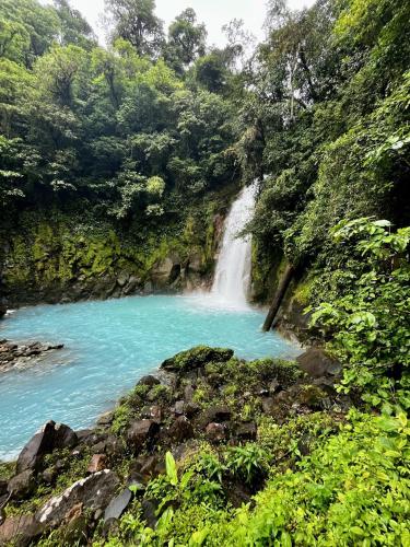 a waterfall in the middle of a river at Kakao Lodge & Garden Río Celeste in Bijagua