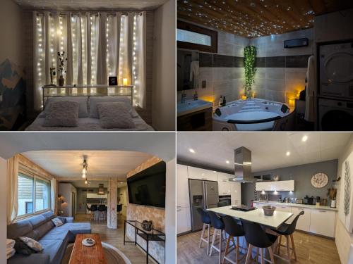 un collage de trois photos d'un salon et d'une cuisine dans l'établissement Les Myrtilles, appartement au pied des pistes, à Saint-Pierre-dels-Forcats