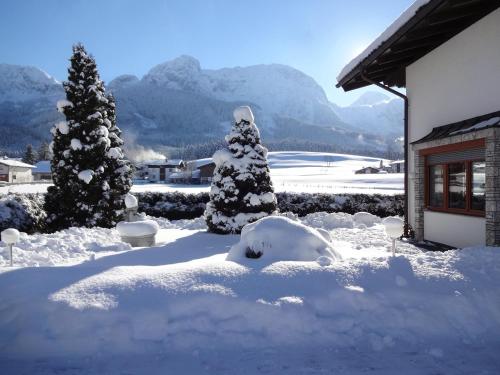 a yard covered in snow next to a house at Haus Erlbacher in Abtenau
