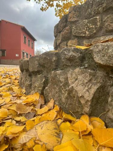 a rock wall with yellow leaves on the ground at Casa el sabinar in Anchuela del Campo