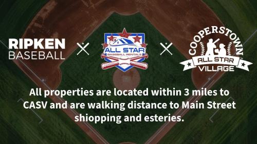 a sign for a baseball field with logos on it at After the Game Apt 1 All Star Baseball Rentals in Oneonta