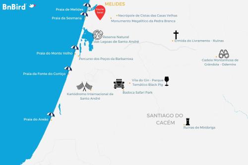 a map of the route to the beach at Pinhal da Praia em Melides in Quinta da Cascalheirinha