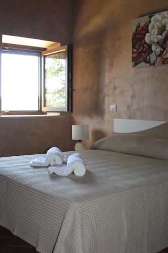 a bedroom with two towels on a bed with a window at Azienda Agricola il Borgo di Sant'Elia in Castel SantʼElia