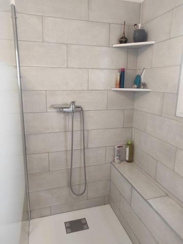a bathroom with a shower with a glass door at Maison au milieu des vignes in Vacqueyras