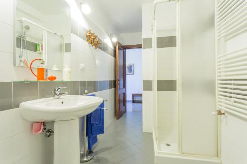 ein Bad mit einem Waschbecken und einer Dusche in der Unterkunft Appartamento il Grillo in Fossato di Vico