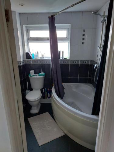 a bathroom with a tub and a toilet and a sink at Bude Homestay in Stratton