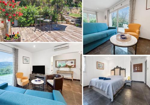 un collage de photos d'un salon avec un mobilier bleu dans l'établissement Terrasse, Piscine privée & Charme provençal, à Tourrettes-sur-Loup