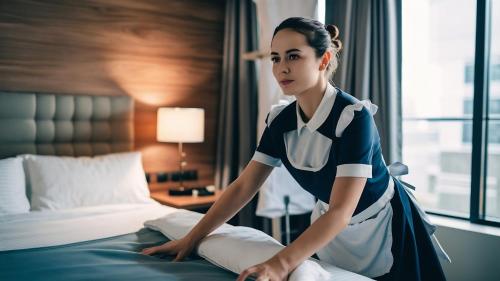 a woman sitting on a bed in a hotel room at Il Magnifico Superior Rooms 400m from Tiburtina Railway Station and 290m from Metro in Rome