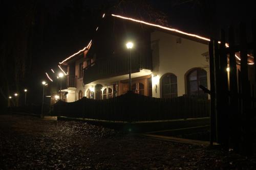 a building lit up at night with street lights at Lovecký hotel Jívák in Loučeň