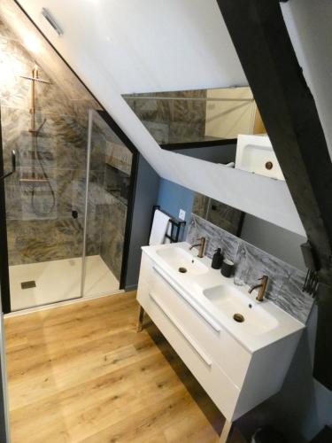 une salle de bain avec un lavabo blanc et une douche dans l'établissement Volute et Volupté - Une Spirale de Plaisirs, à Hiéville