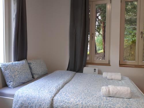 a bedroom with a bed with two pillows and two windows at Studio near to the City Centre in Luxembourg