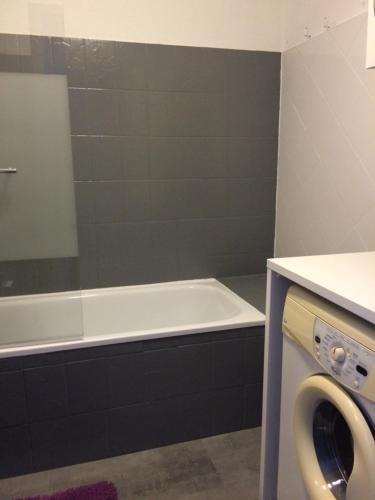 une salle de bain avec baignoire et machine à laver dans l'établissement Joli studio rénové au cœur du village de St Lary, à Saint-Lary-Soulan