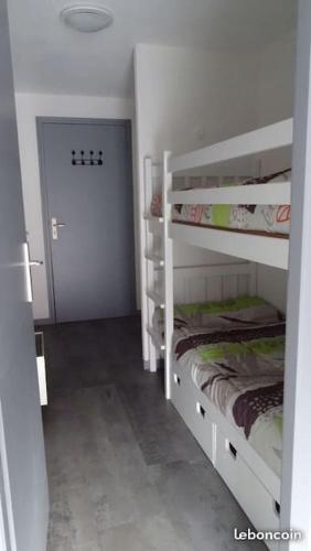 Ce dortoir comprend 2 lits superposés et une porte. dans l'établissement Joli studio rénové au cœur du village de St Lary, à Saint-Lary-Soulan