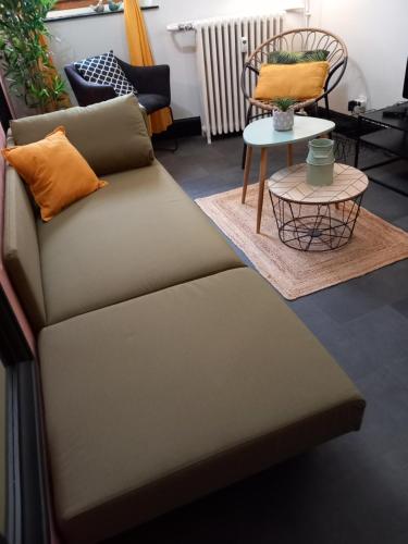 a couch in a living room with a table at Les Loges Du Théatre 160m2 PRIVÉ 14 personnes MAX tout équipé a 200m de l'AVENUE DE CHAMPAGNE et toutes commodités DEGUSTATION CHAMPAGNE OFFERTE jacuzzi sauna jeux velos EMPLACEMENT EXCEPTIONNEL et CHIC in Épernay