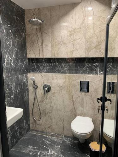 a bathroom with a shower and a toilet and a sink at Lillium home in Plovdiv