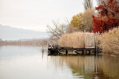 a bench sitting on a dock on a lake at Lake Spa Hotel SEELEITEN in Caldaro