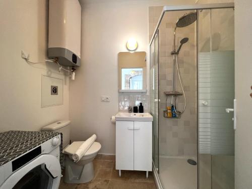 une salle de bain avec une douche, des toilettes et un lavabo dans l'établissement Le Comte - Heart of Dijon - With AC, à Dijon