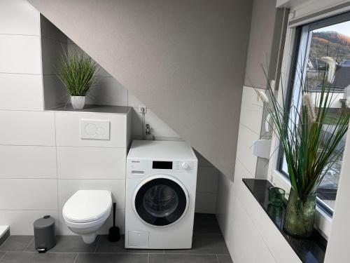 a bathroom with a washing machine and a toilet at Ferienhaus Mosel-Wohnen l in Bruttig-Fankel