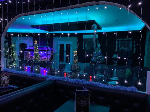 a room filled with christmas lights and christmas trees at La Locomotive in Issoudun