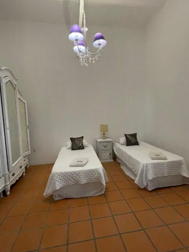 a room with two beds and a chandelier at Casa de la Flor by Posada de la Flor in Colonia del Sacramento