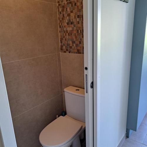 La salle de bains est pourvue de toilettes et d'une douche carrelée. dans l'établissement ARC EN ciel t2 ouest, à Gréoux-les-Bains