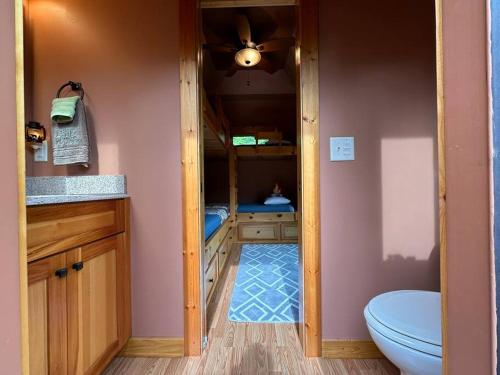 ein Badezimmer mit Toilette und Decke in der Unterkunft Lay Lodge at Falling Water Resort in Walhalla