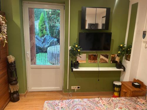 a living room with a television and a window at Tropical Room in Brussels