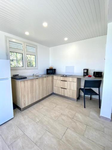 a kitchen with a counter and a refrigerator at Zen Dahia in Les Anses-dʼArlets
