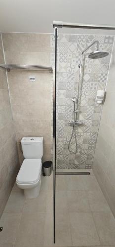 a bathroom with a toilet and a glass shower at NEO resort Hill jezero Bruje in Erdevik