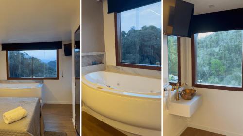 two pictures of a bathroom with a tub and a window at Sítio Balango: Seu refúgio em Domingos Martins. Chalés para casais e casa para grupo de pessoas in Domingos Martins