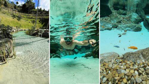 a collage of pictures of a man swimming in the water at Sítio Balango: Seu refúgio em Domingos Martins. Chalés para casais e casa para grupo de pessoas in Domingos Martins