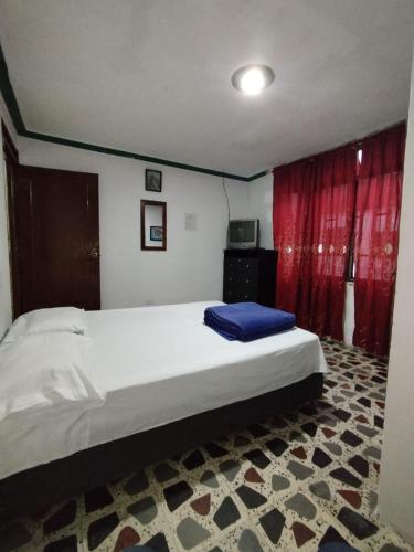 a bedroom with a large bed and a red curtain at Hostal la 18 in Pereira