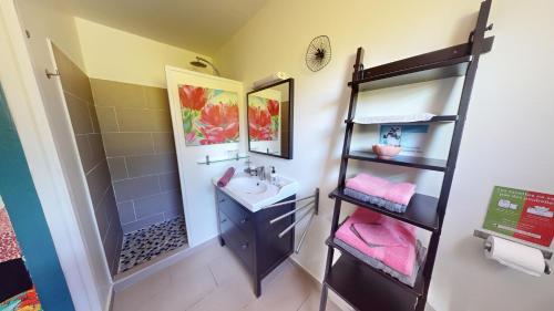 a bathroom with a sink and a mirror at Domaine Racines e Zel - Gîte PomKajou in Vieux-Fort
