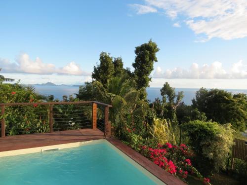 a swimming pool with a view of the ocean at Domaine Racines e Zel - Gîte PomKajou in Vieux-Fort
