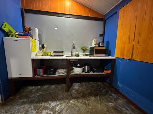 a kitchen with a counter with a sink and a refrigerator at Chosa Manglar Suites & Cabins in Puerto Jiménez