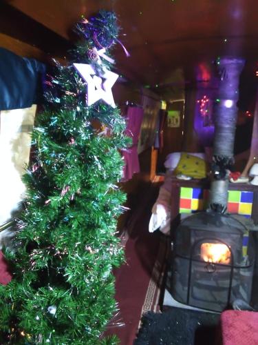 a christmas tree in a living room with a fireplace at Rosie and Jim Retreat with hot tub indoors amazing in Lincoln