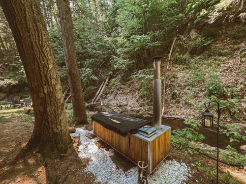 a woodburning stove in the middle of a forest at Creek Side Cabin with Wood Fired Hot Tub and Fire Pit in New Milford